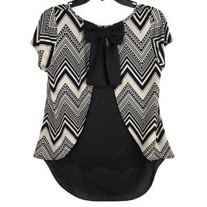 Womens L Business Casual Office Workwear Whimsigoth Stripe Black Gray Blouse Bow